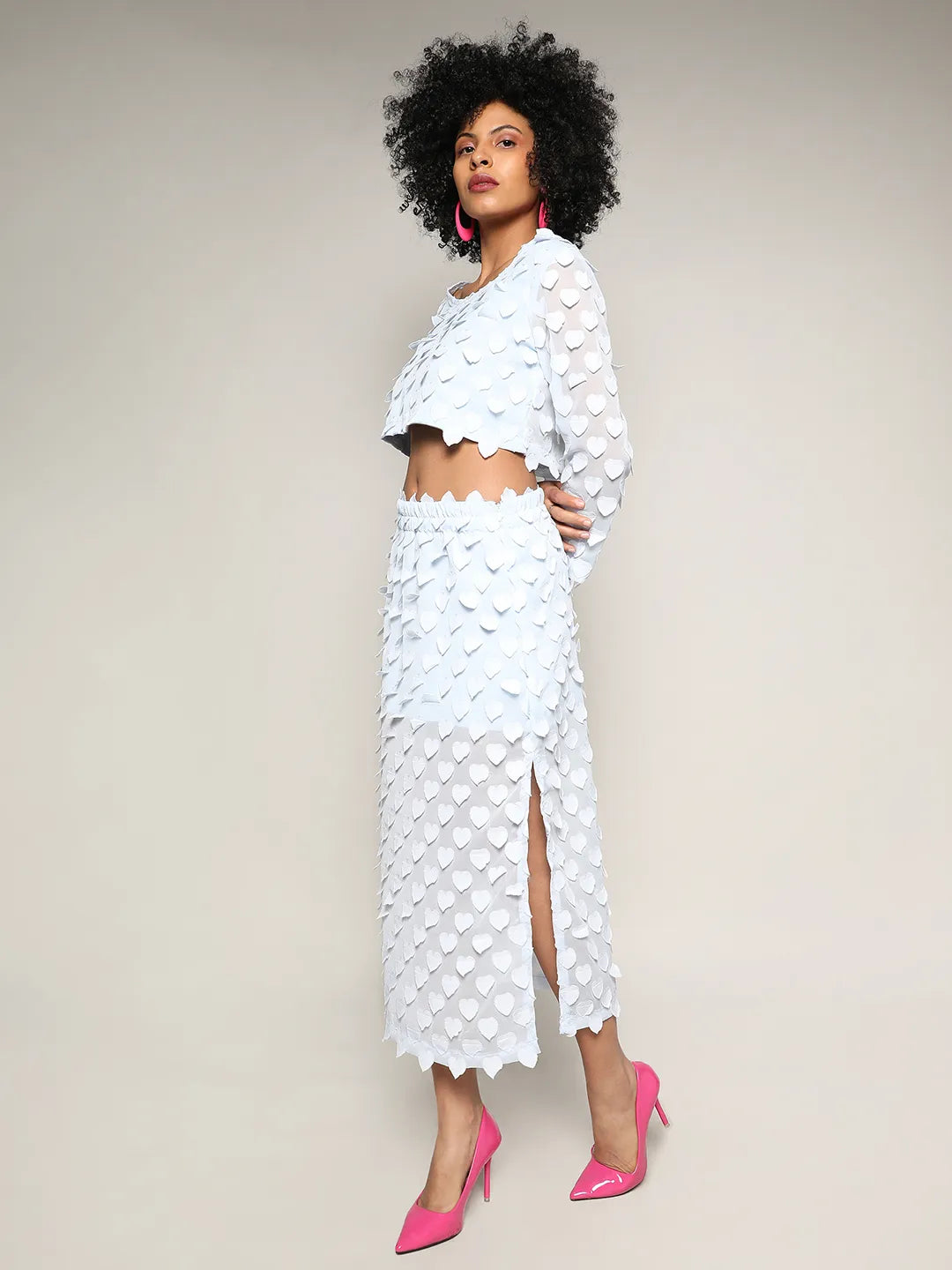Women Blue Sheer Applique Co-Ord Set With Slit