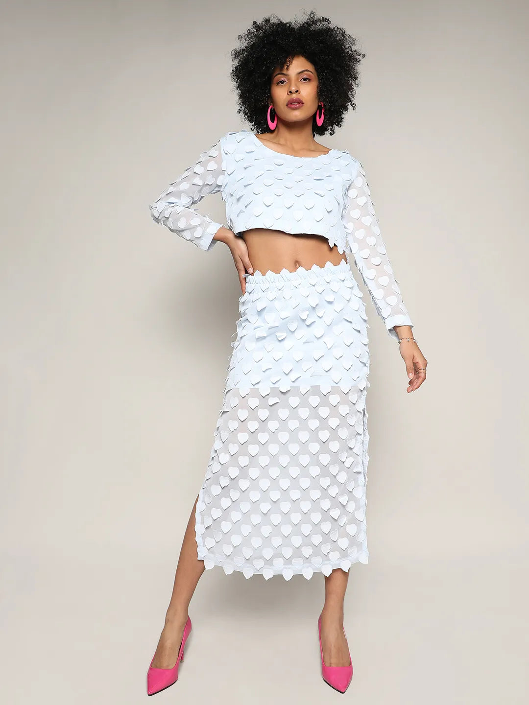 Women Blue Sheer Applique Co-Ord Set With Slit