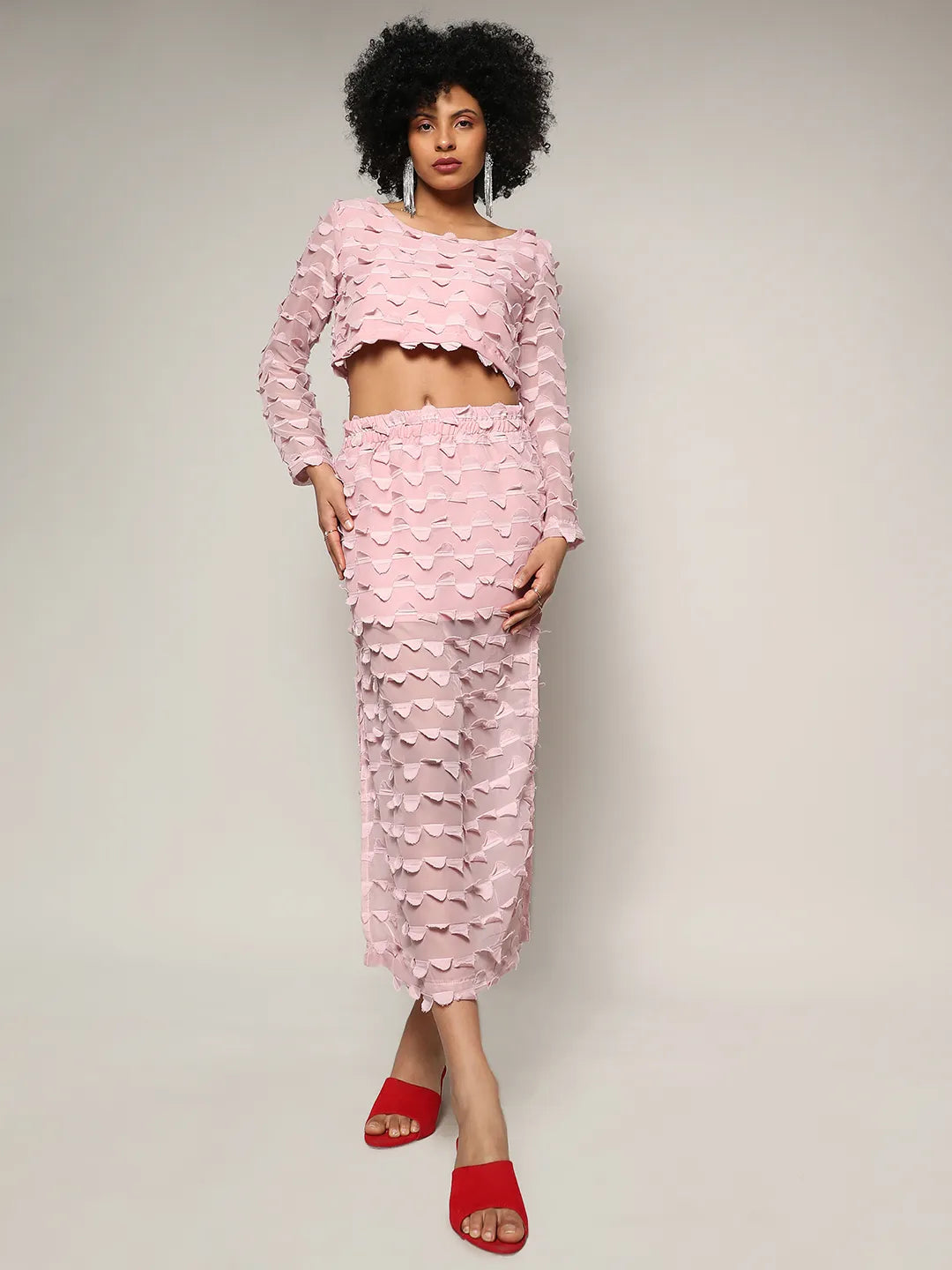 Women Pink Sheer Applique Co-Ord Set With Slit