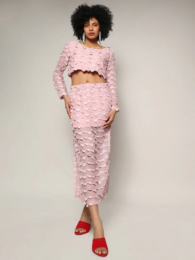 Women Pink Sheer Applique Co-Ord Set With Slit