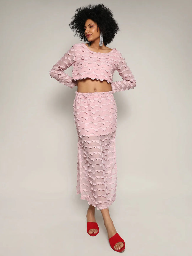 Women Pink Sheer Applique Co-Ord Set With Slit