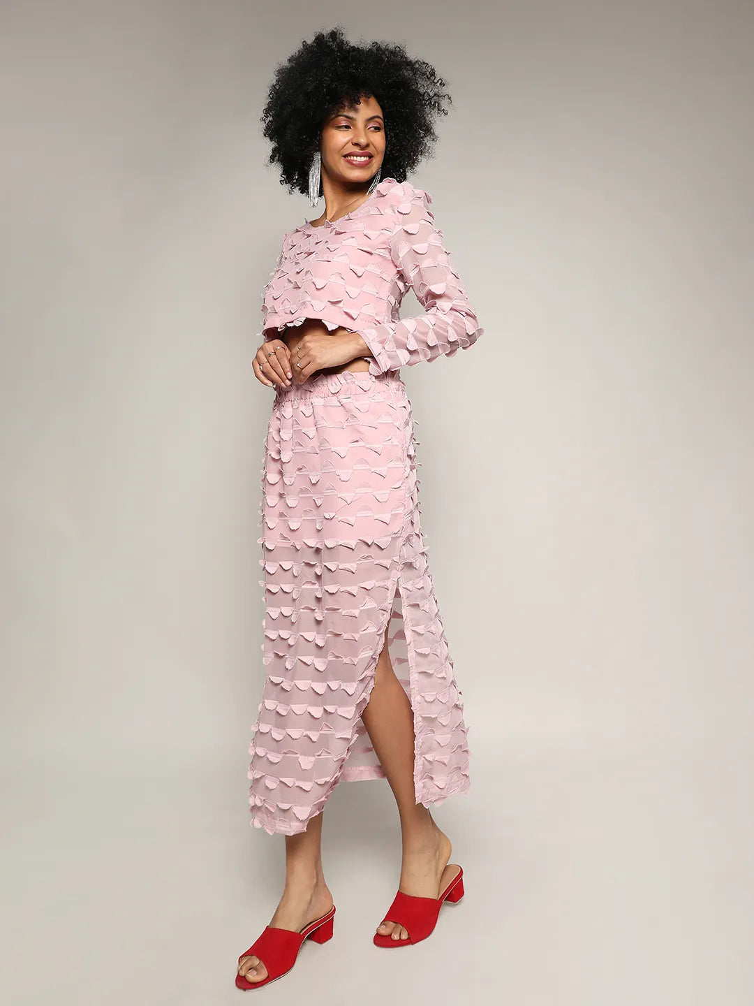 Women Pink Sheer Applique Co-Ord Set With Slit