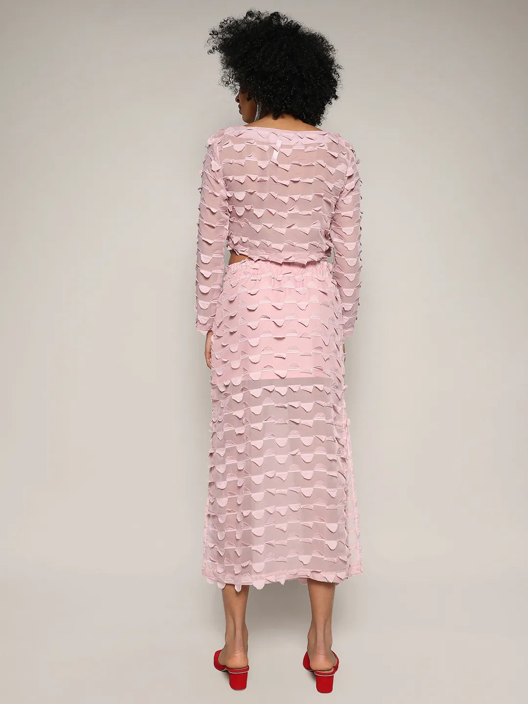 Women Pink Sheer Applique Co-Ord Set With Slit