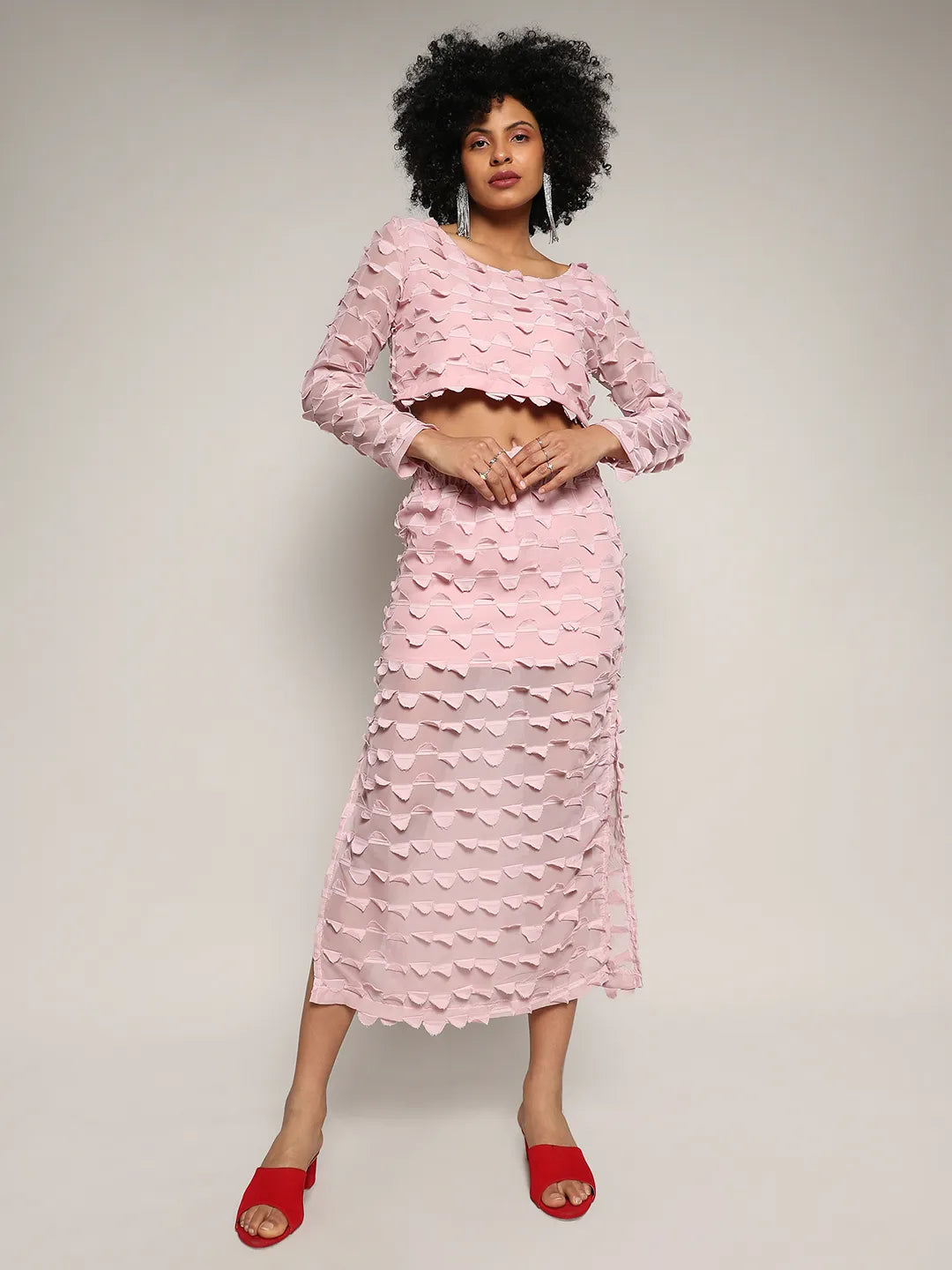 Women Pink Sheer Applique Co-Ord Set With Slit