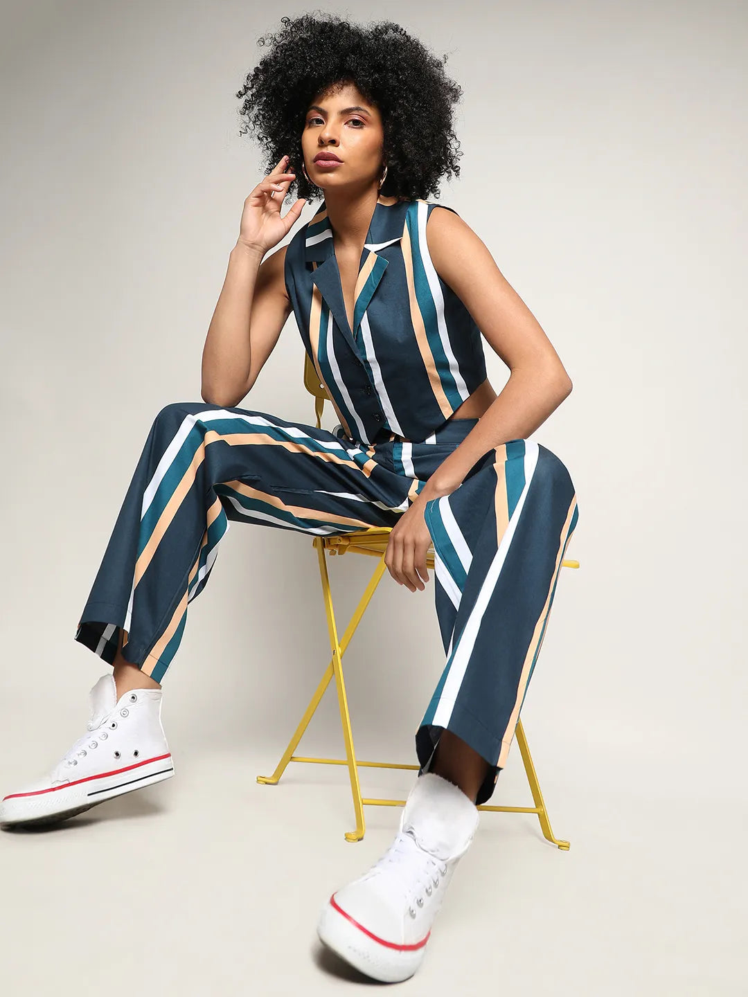 Women Blue Striped Vest Co-Ord Set