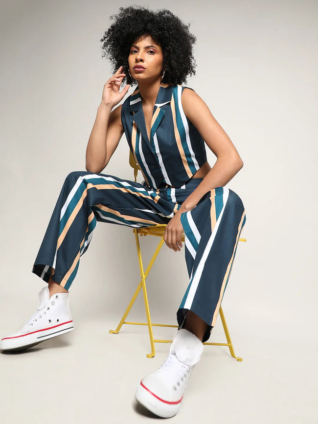 Women Blue Striped Vest Co-Ord Set