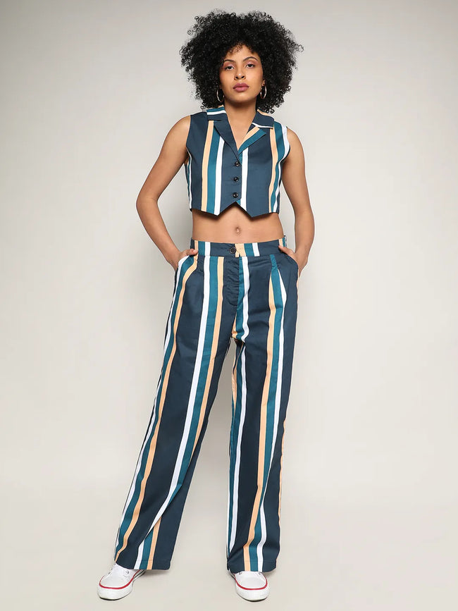 Women Blue Striped Vest Co-Ord Set