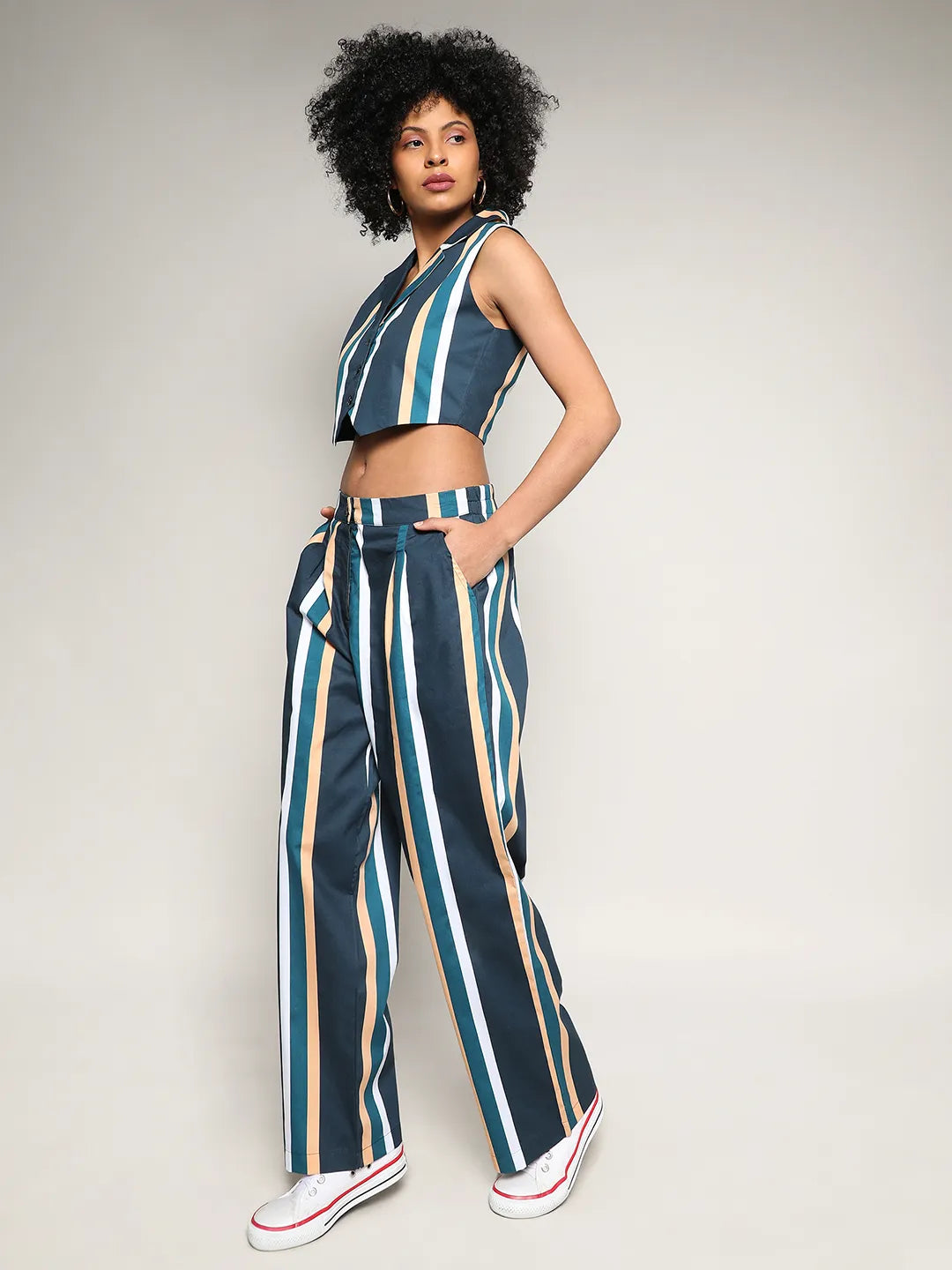 Women Blue Striped Vest Co-Ord Set