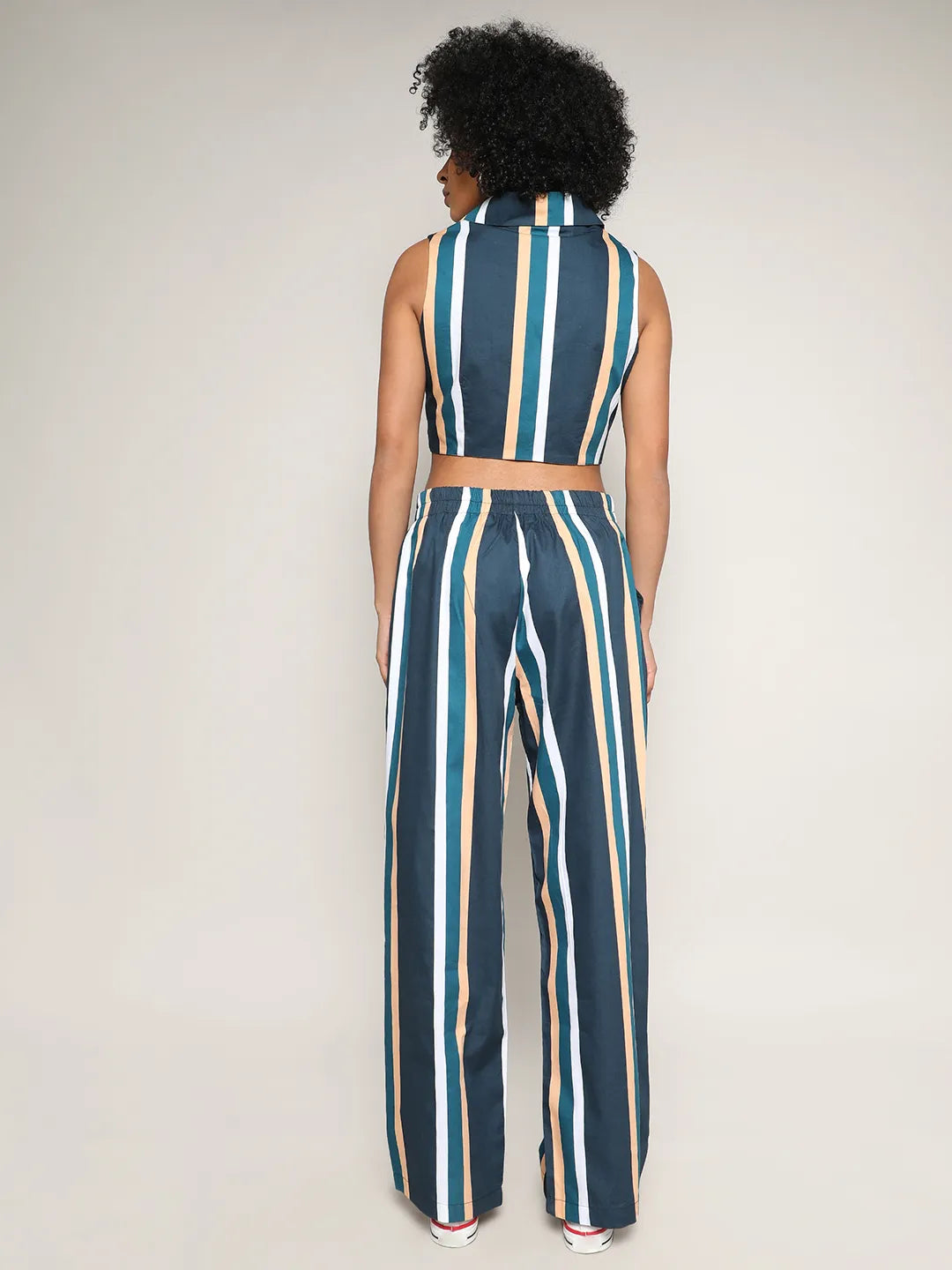 Women Blue Striped Vest Co-Ord Set