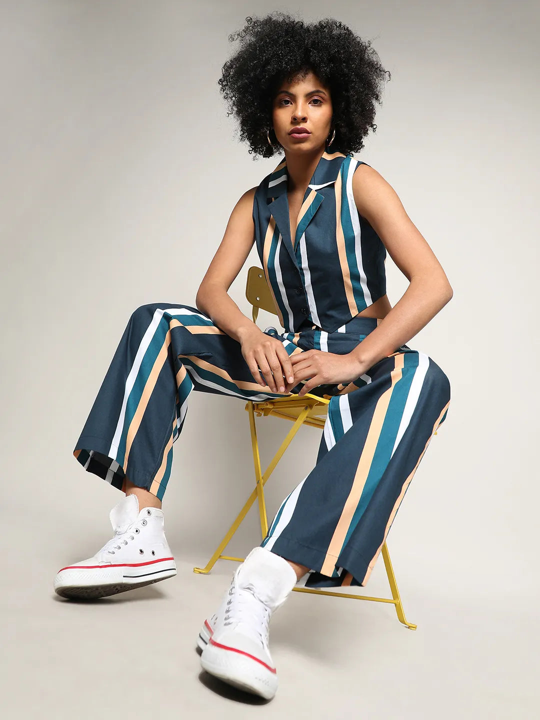 Women Blue Striped Vest Co-Ord Set