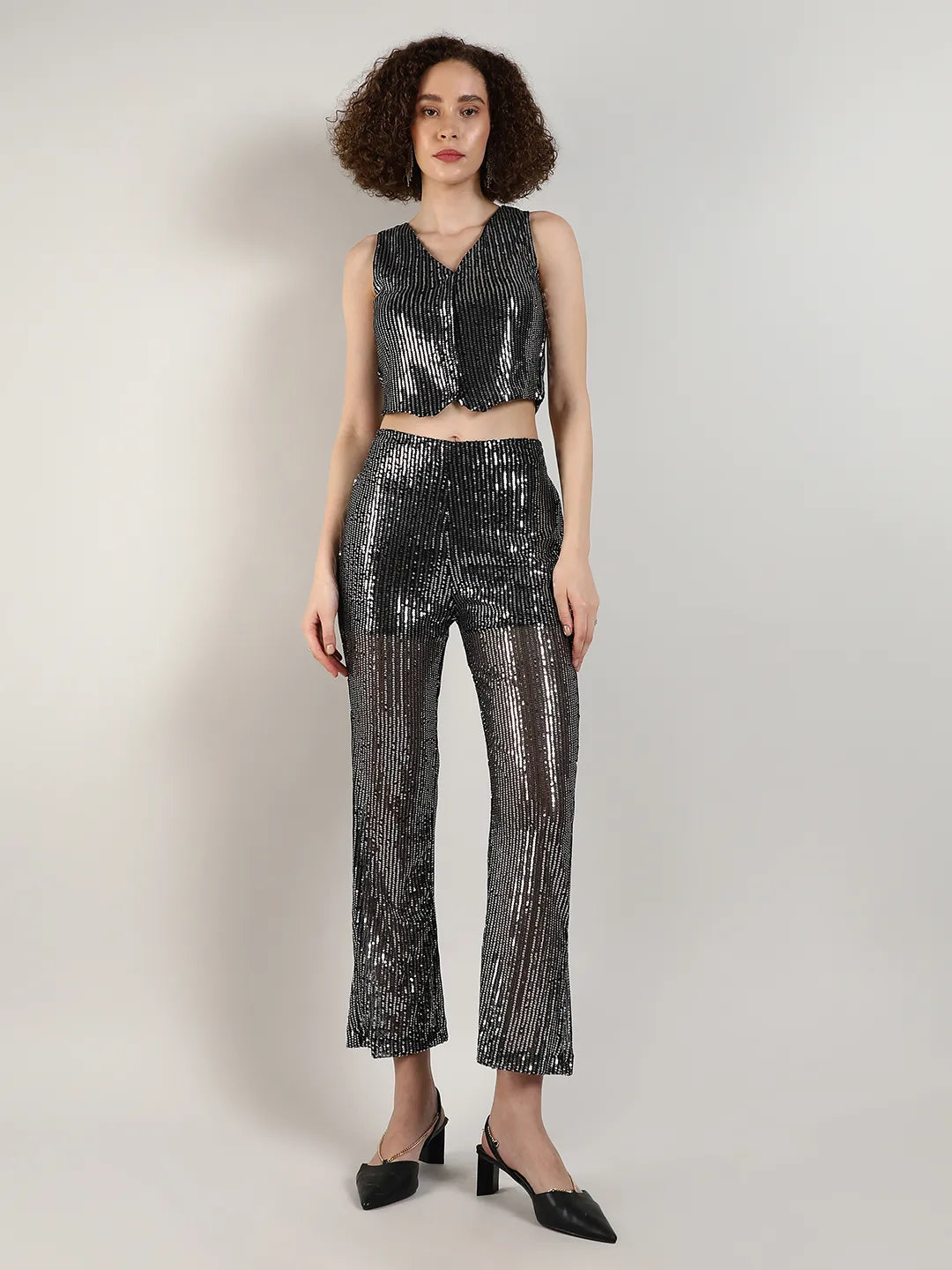 Women Black Sequin Vest Co-Ord Set