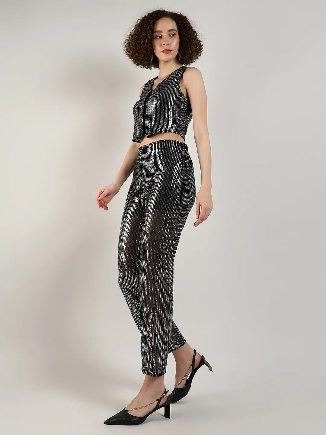 Women Black Sequin Vest Co-Ord Set