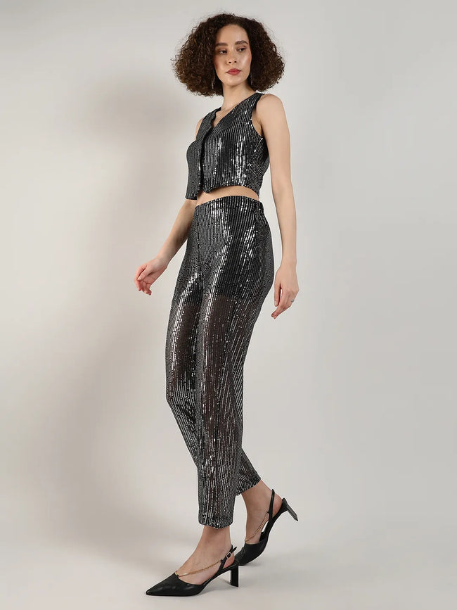 Women Black Sequin Vest Co-Ord Set