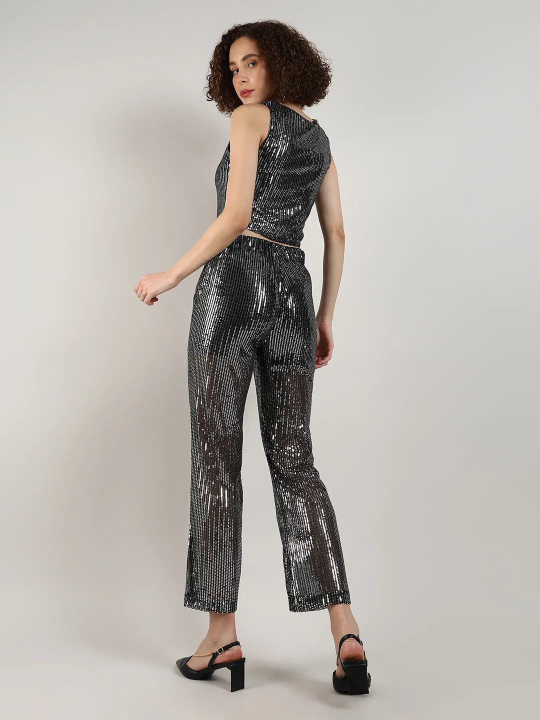 Women Black Sequin Vest Co-Ord Set