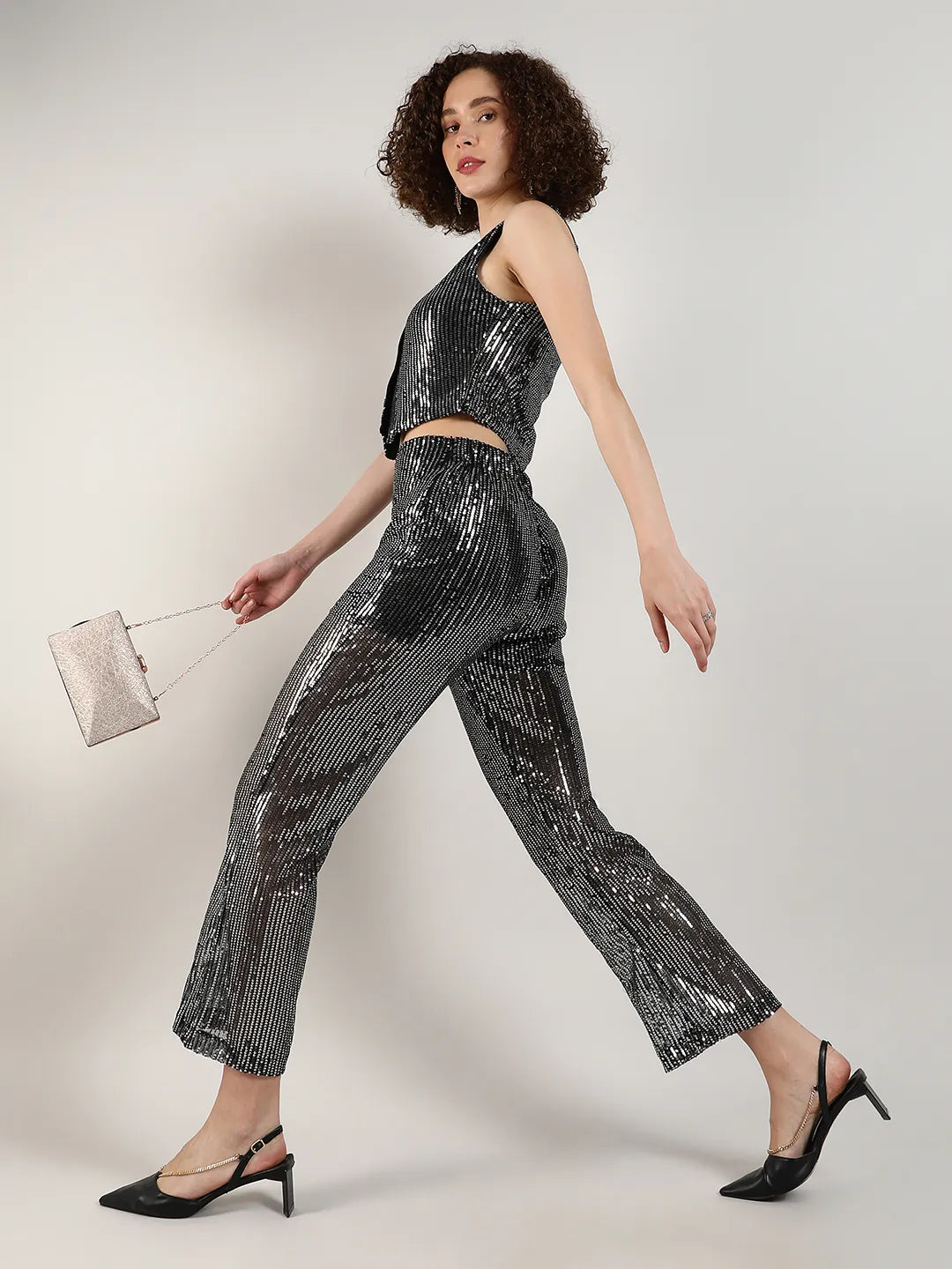Women Black Sequin Vest Co-Ord Set