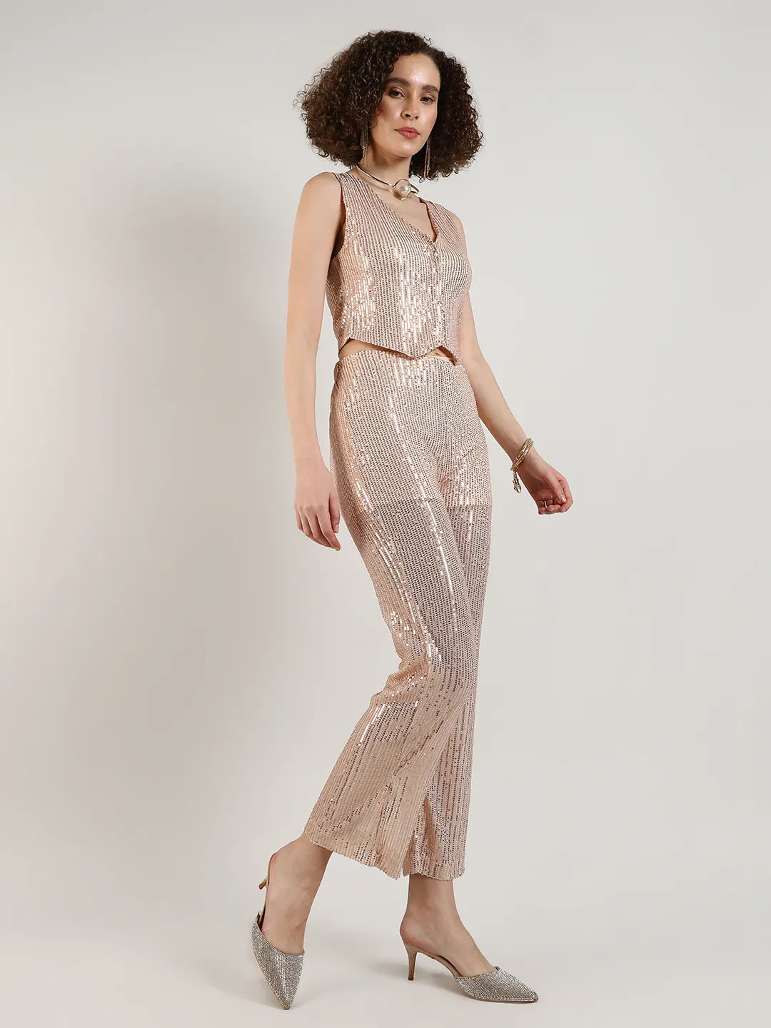 Women Beige Sequin Vest Co-Ord Set