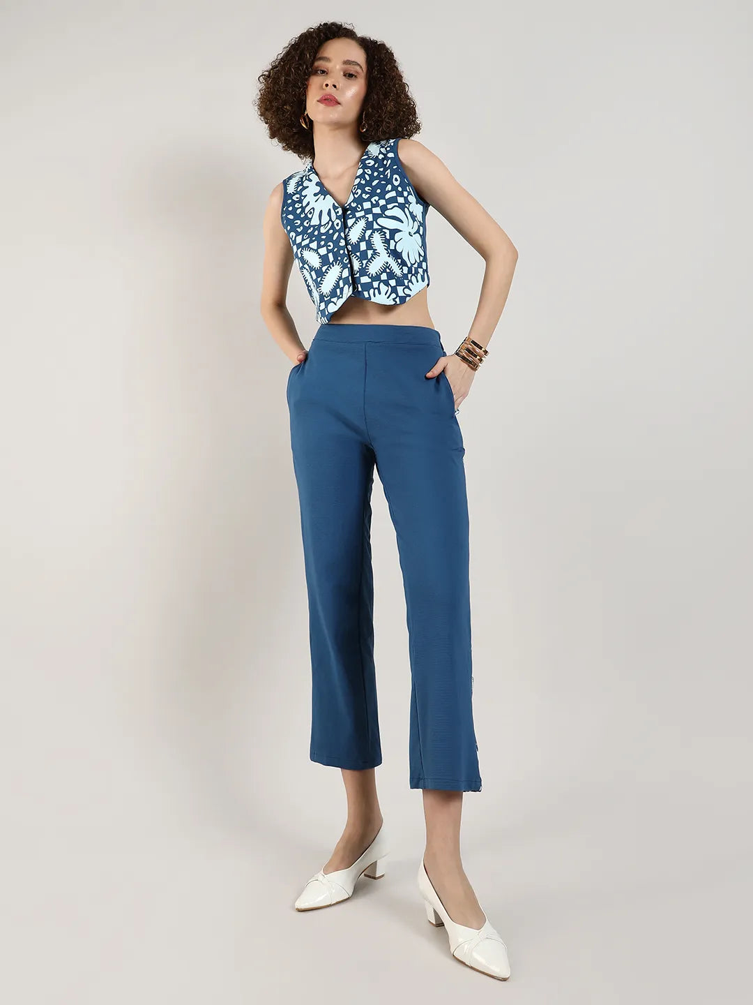 Women Blue Flora Vest Co-Ord Set