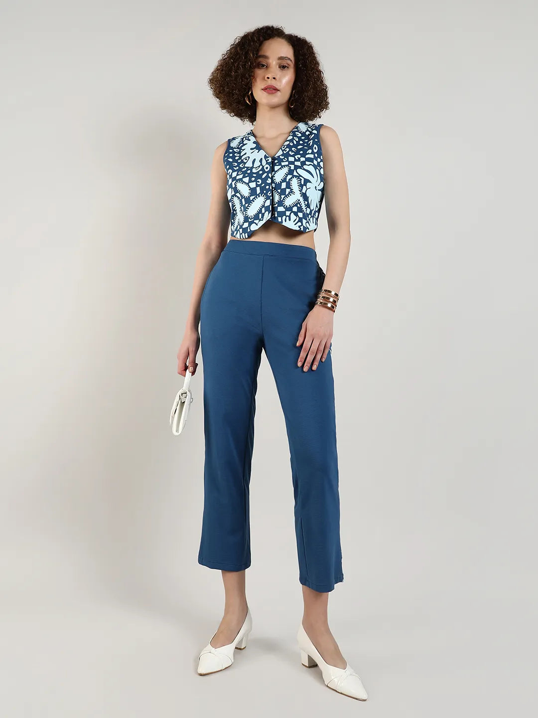 Women Blue Flora Vest Co-Ord Set