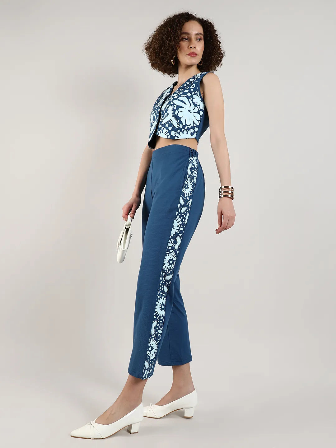 Women Blue Flora Vest Co-Ord Set