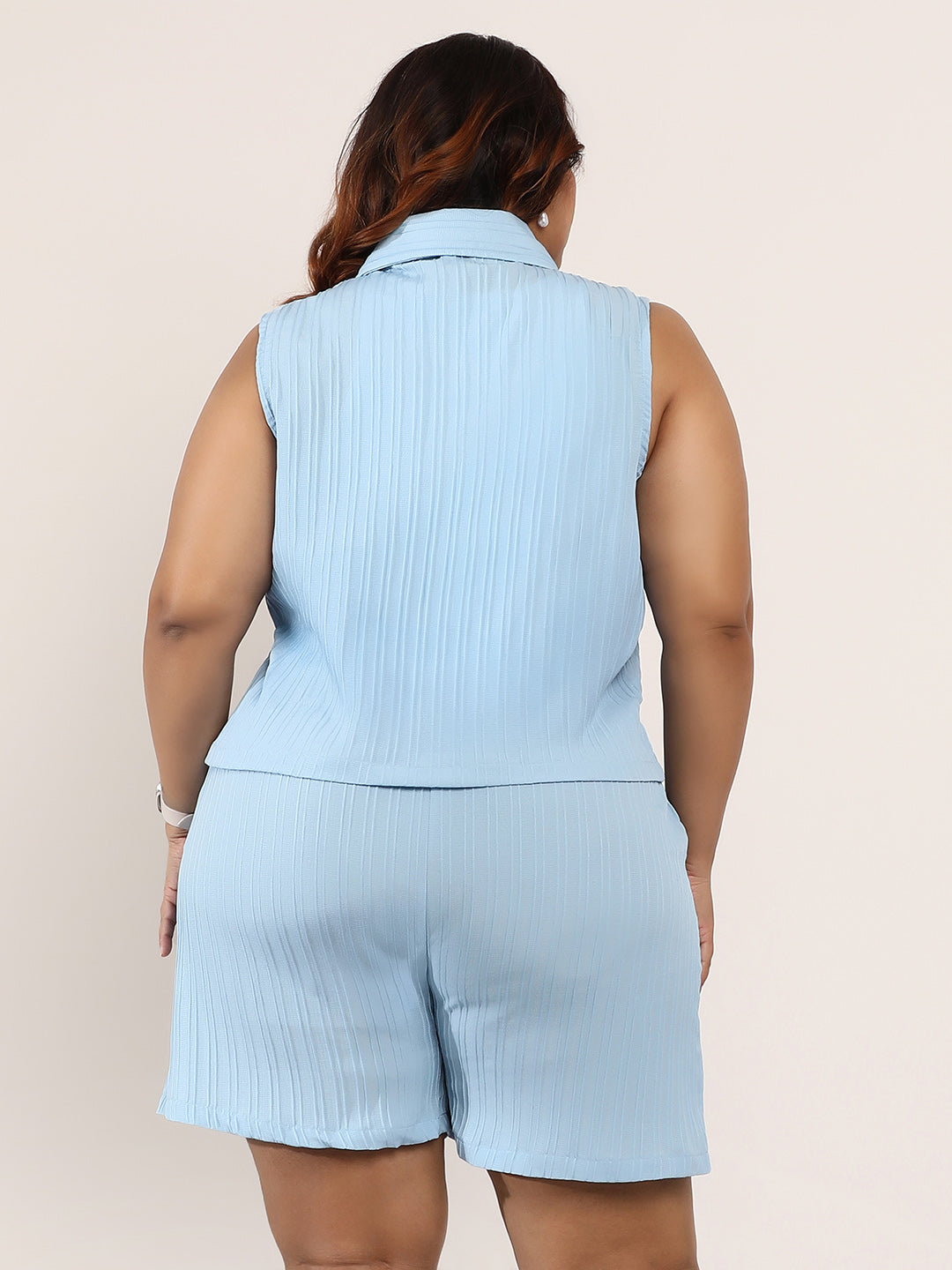 Women Powder Blue Textured-Tailored Co-Ord Set