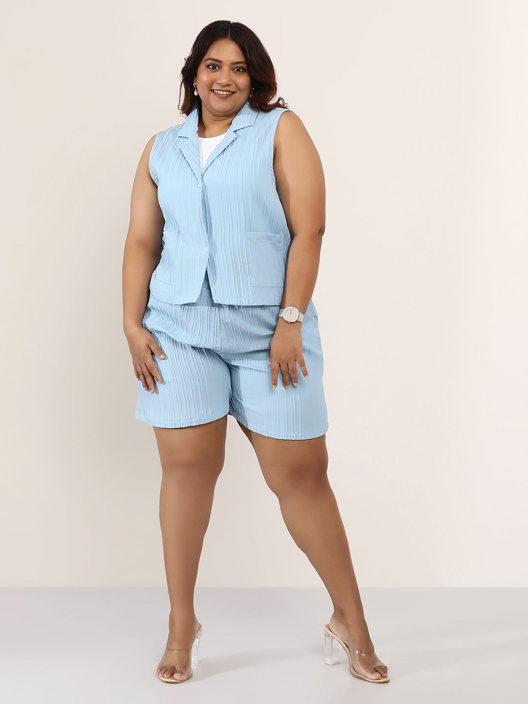Women Powder Blue Textured-Tailored Co-Ord Set