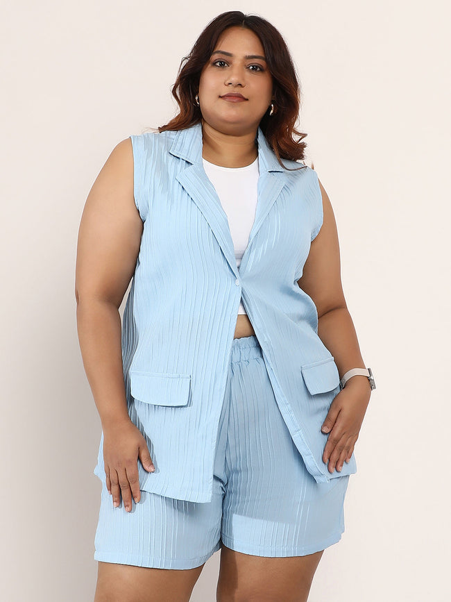 Women Powder Blue Textured-Longline Co-Ord Set