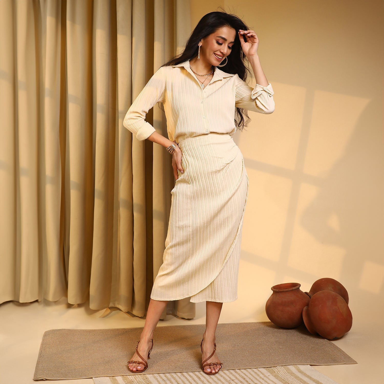 Women Yellow Textured Wrap Co-Ord Set