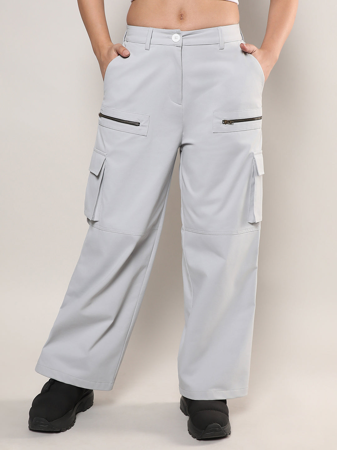 Women Grey Straight Fit Cargo Trousers