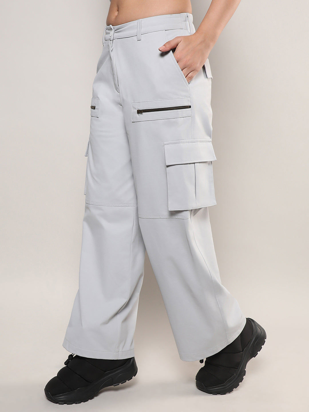 Women Grey Straight Fit Cargo Trousers