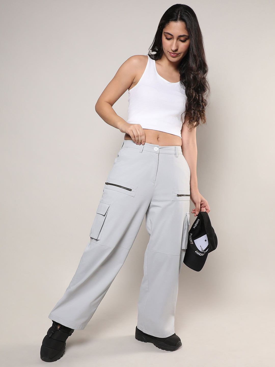Women Grey Straight Fit Cargo Trousers