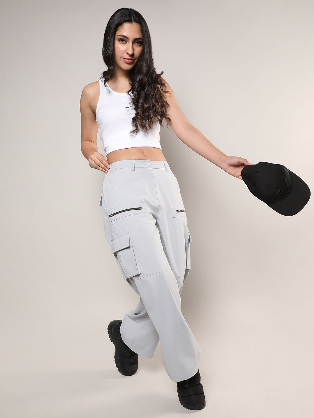 Women Grey Straight Fit Cargo Trousers