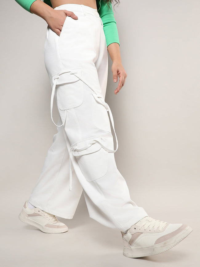 Women White Solid Cargo Trousers