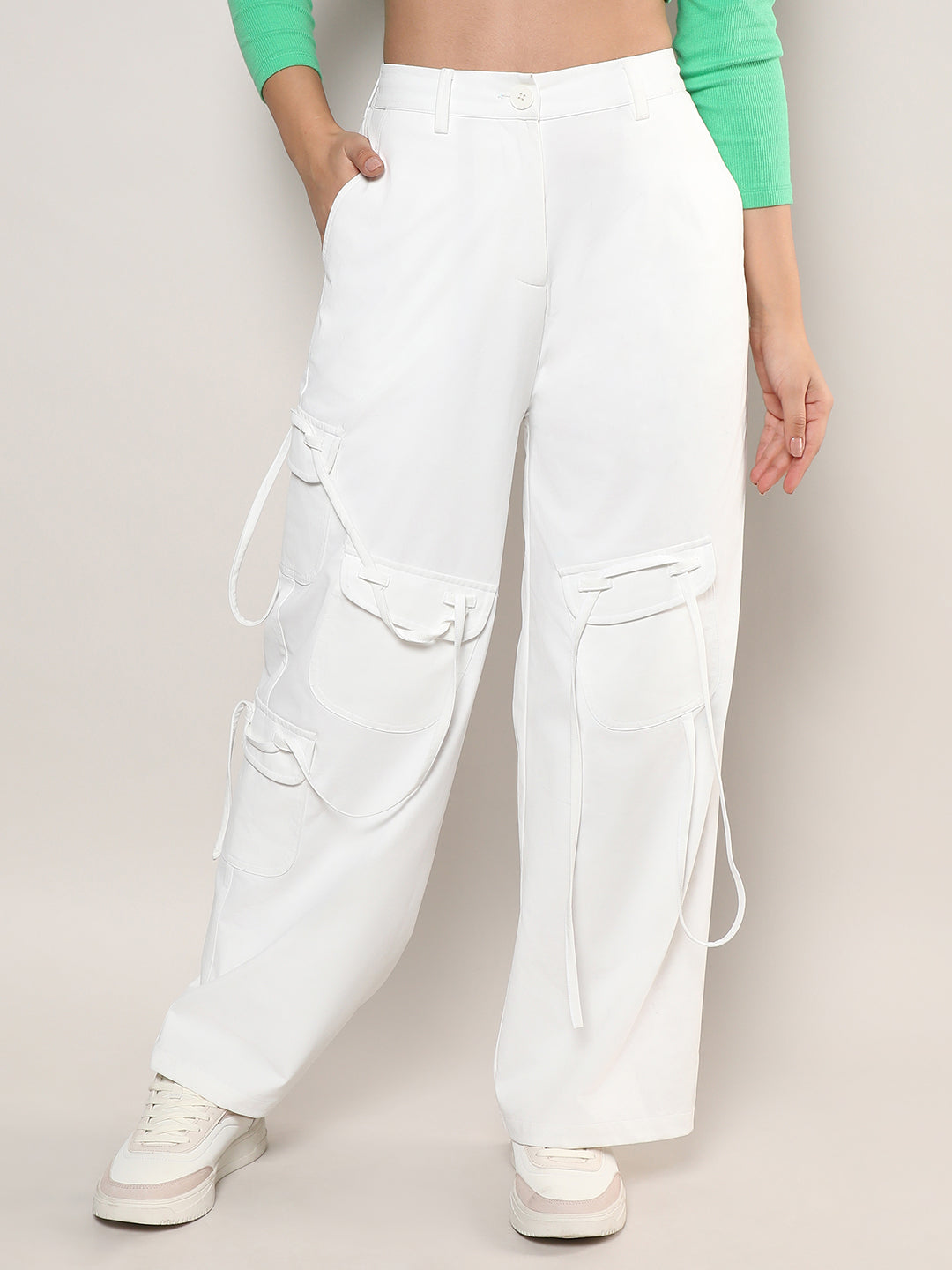 Women White Solid Cargo Trousers