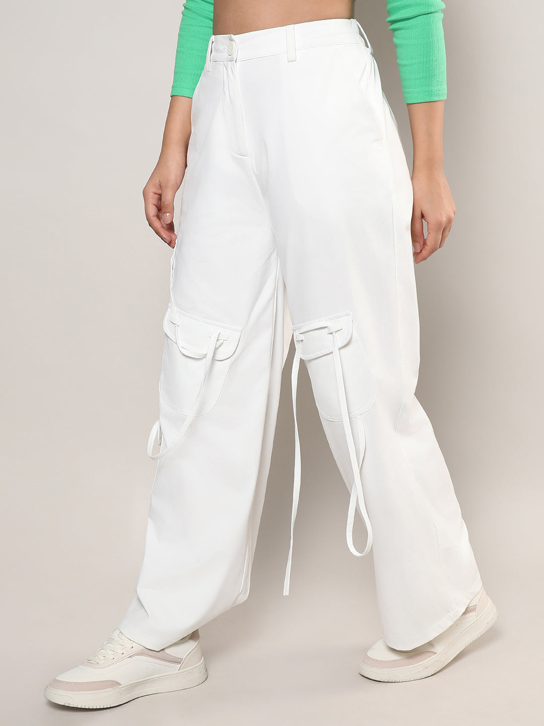 Women White Solid Cargo Trousers