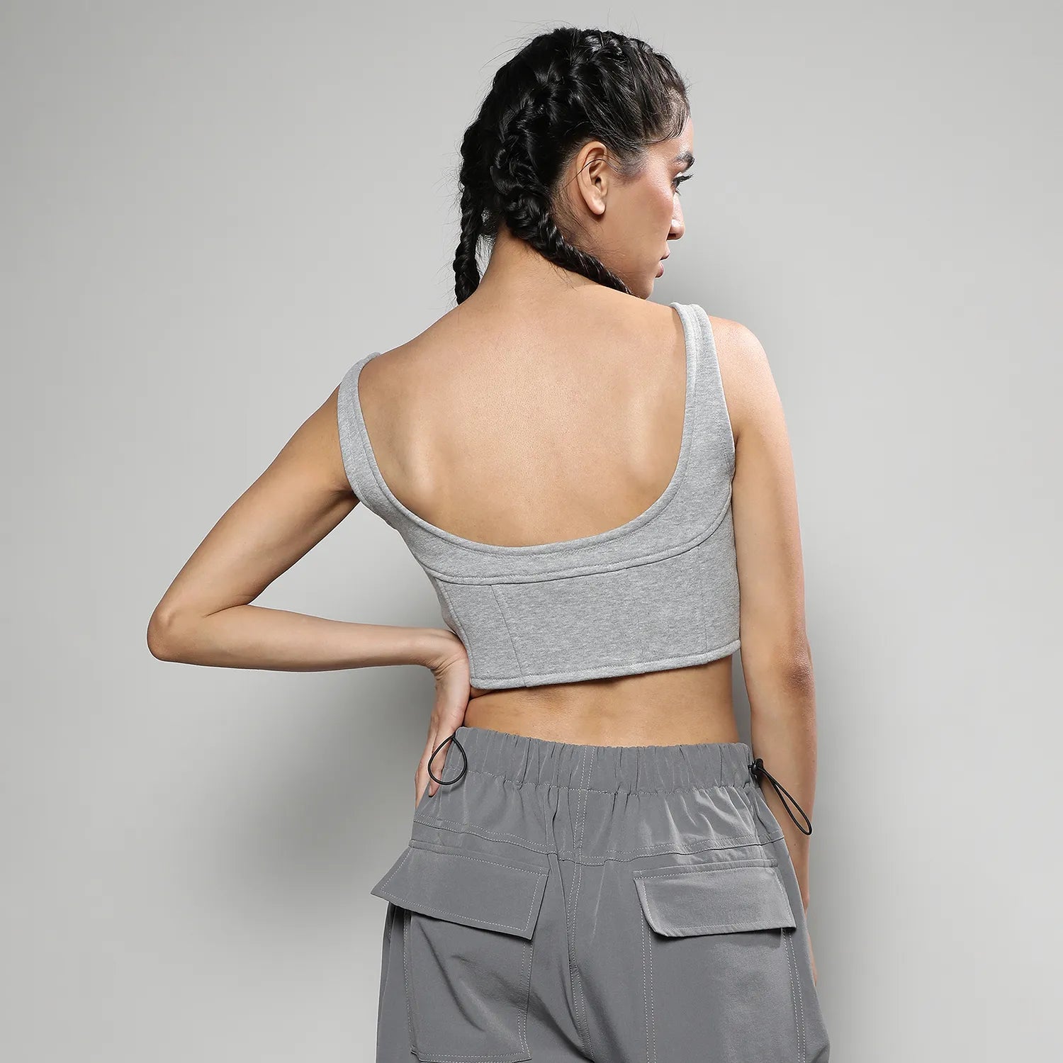 Women Grey Zip-Front Cropped Corset Top
