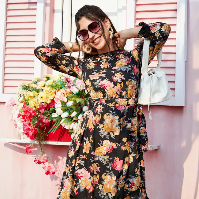 Women Black Floral Midi Dress