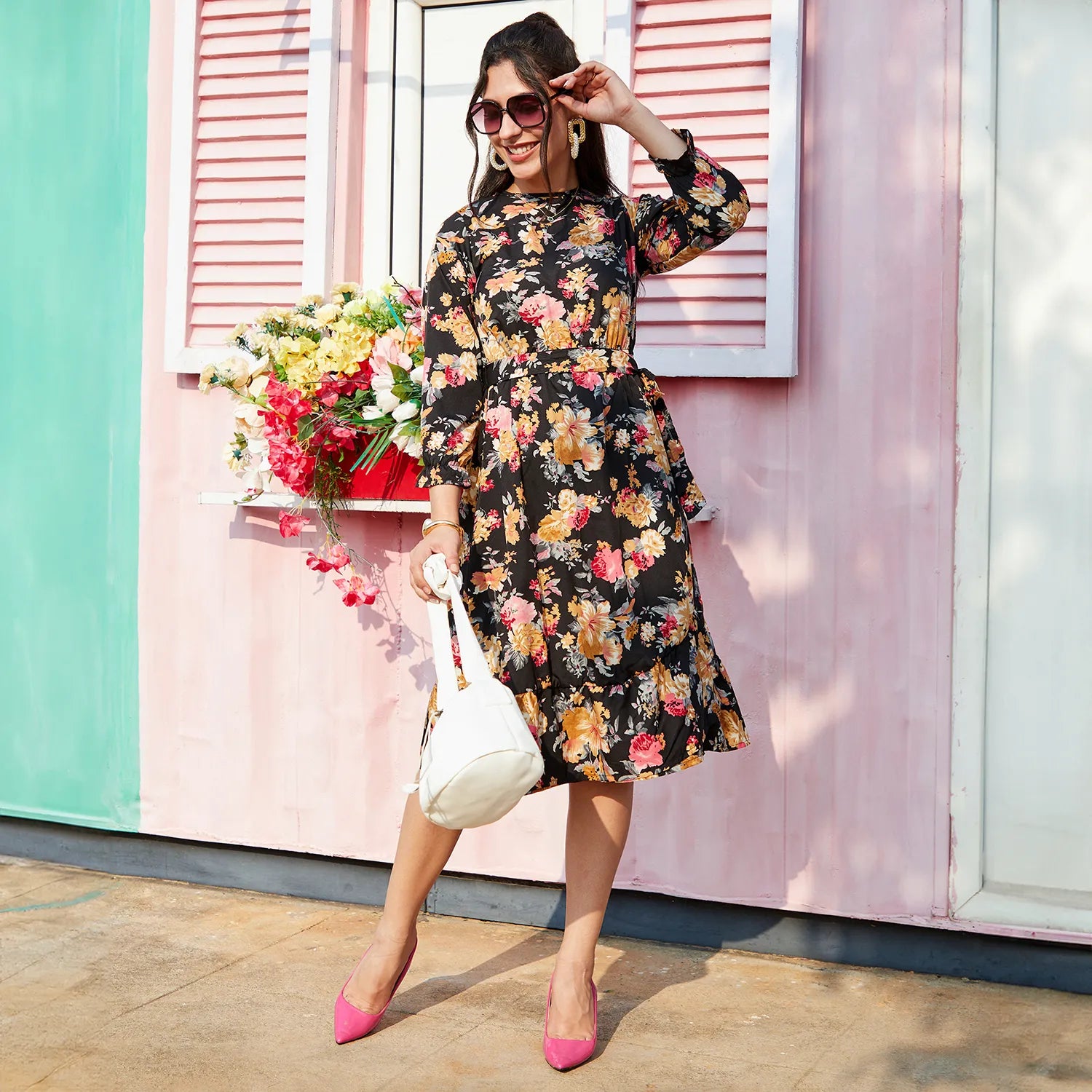 Women Black Floral Midi Dress