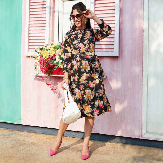 Women Black Floral Midi Dress