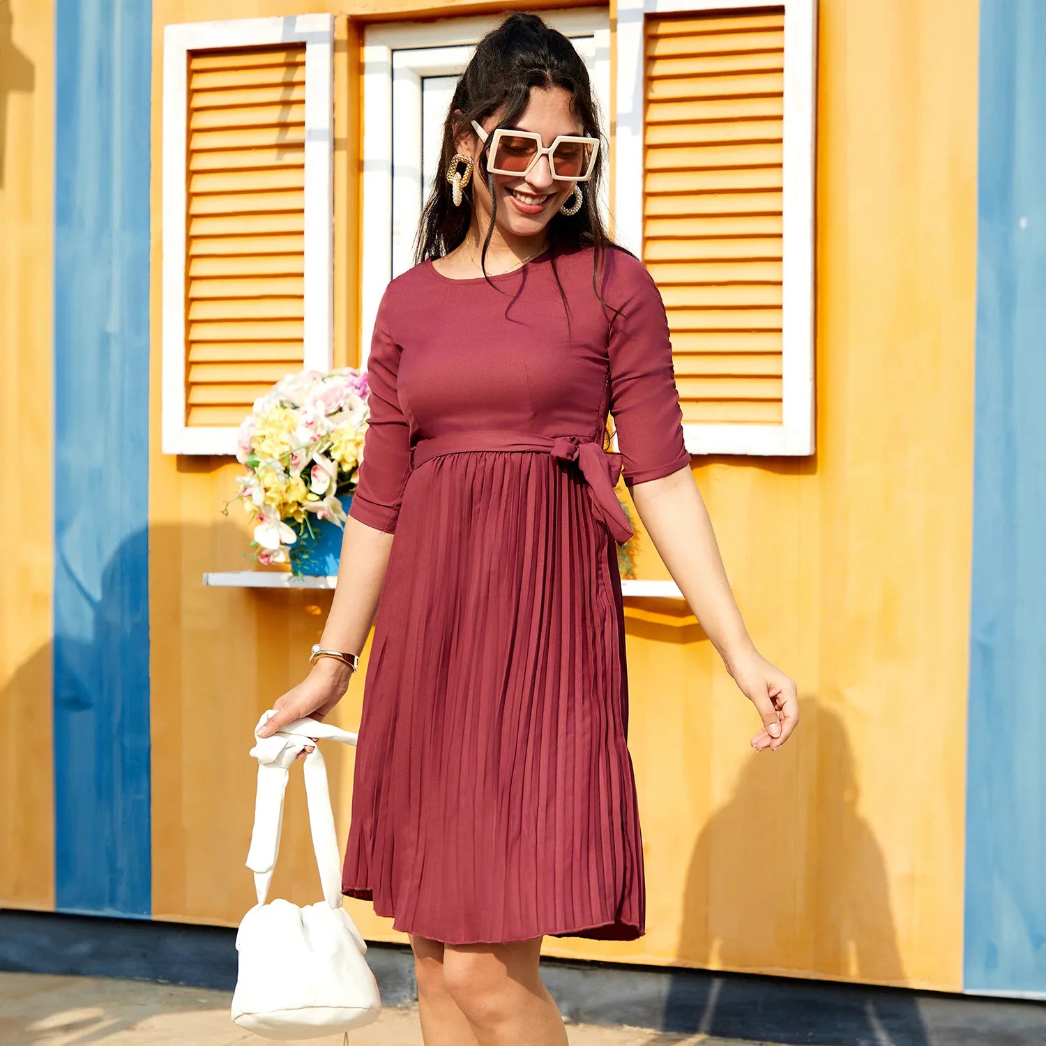 Women Red Pleated Tie-Up Dress