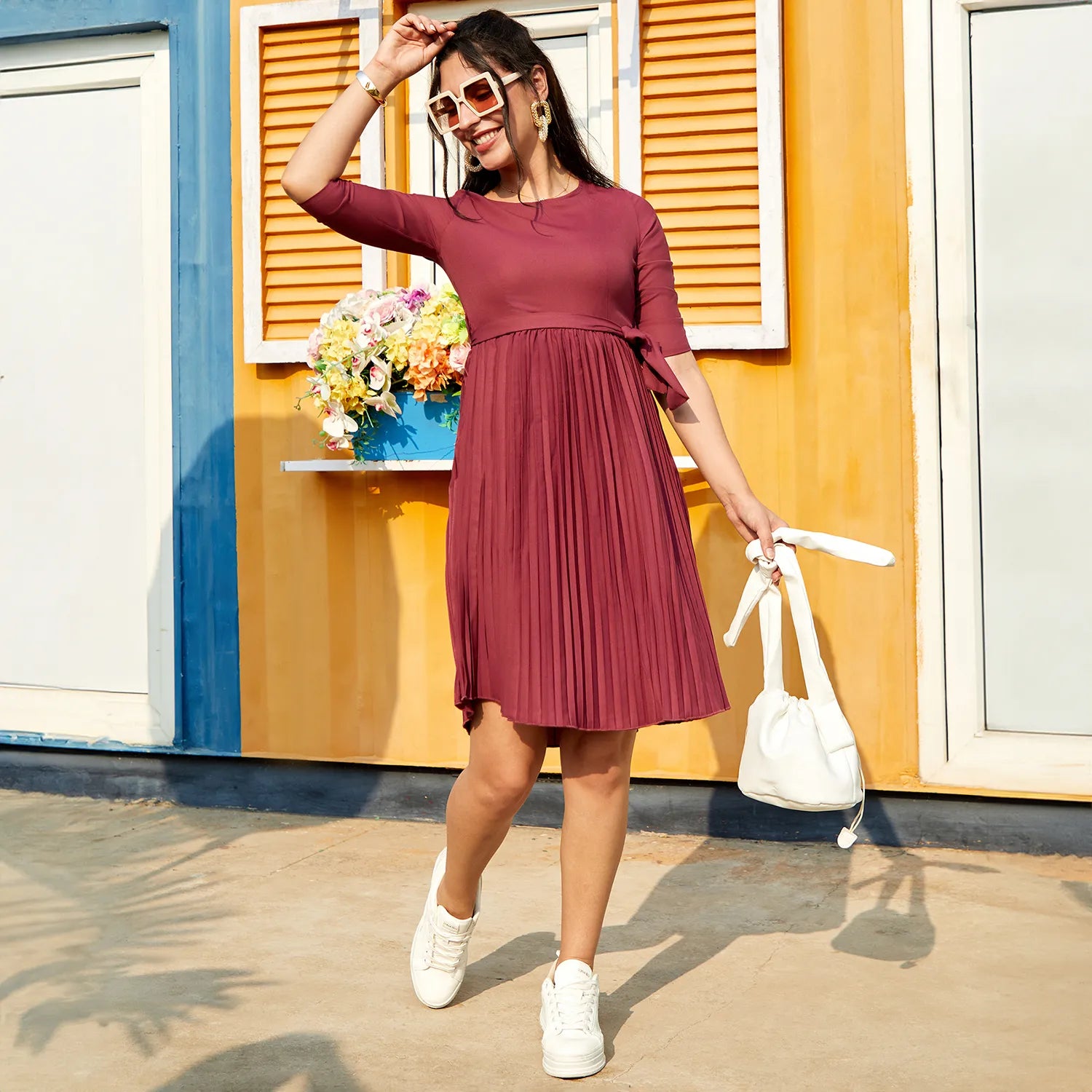 Women Red Pleated Tie-Up Dress