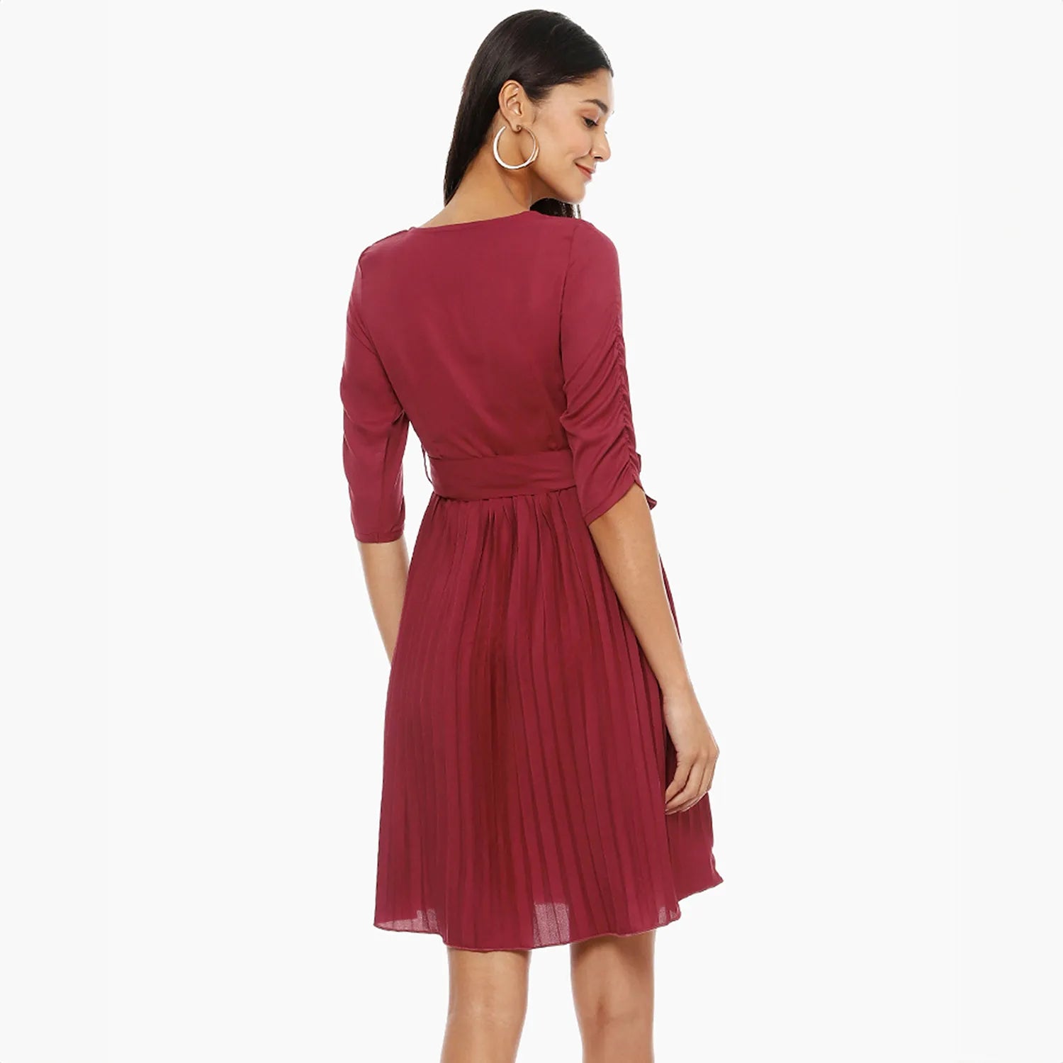 Women Red Pleated Tie-Up Dress