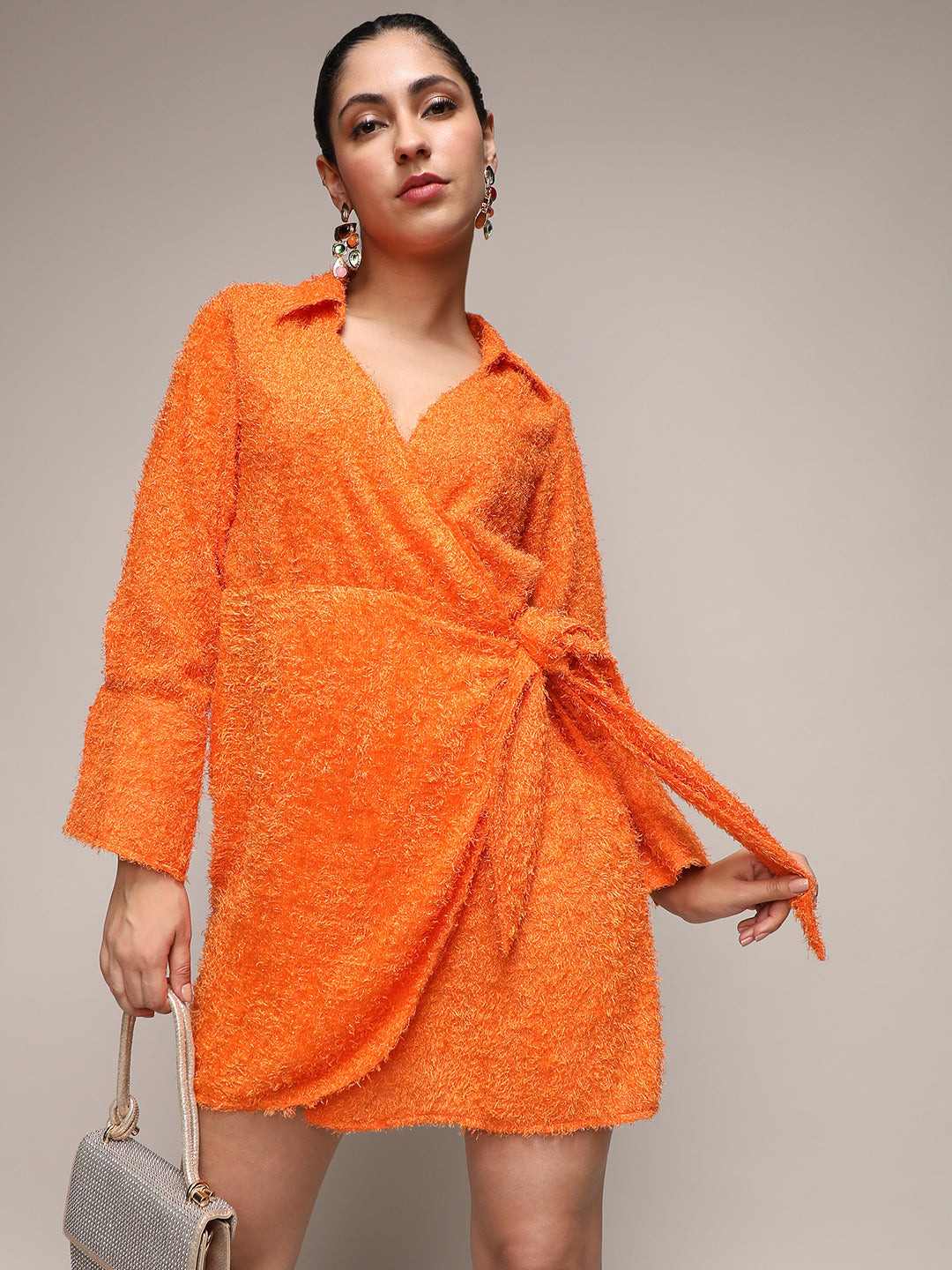 Women Orange Sherpa Wrap Dress
