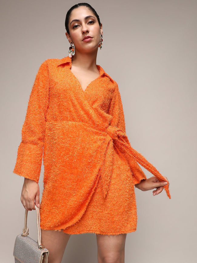 Women Orange Sherpa Wrap Dress