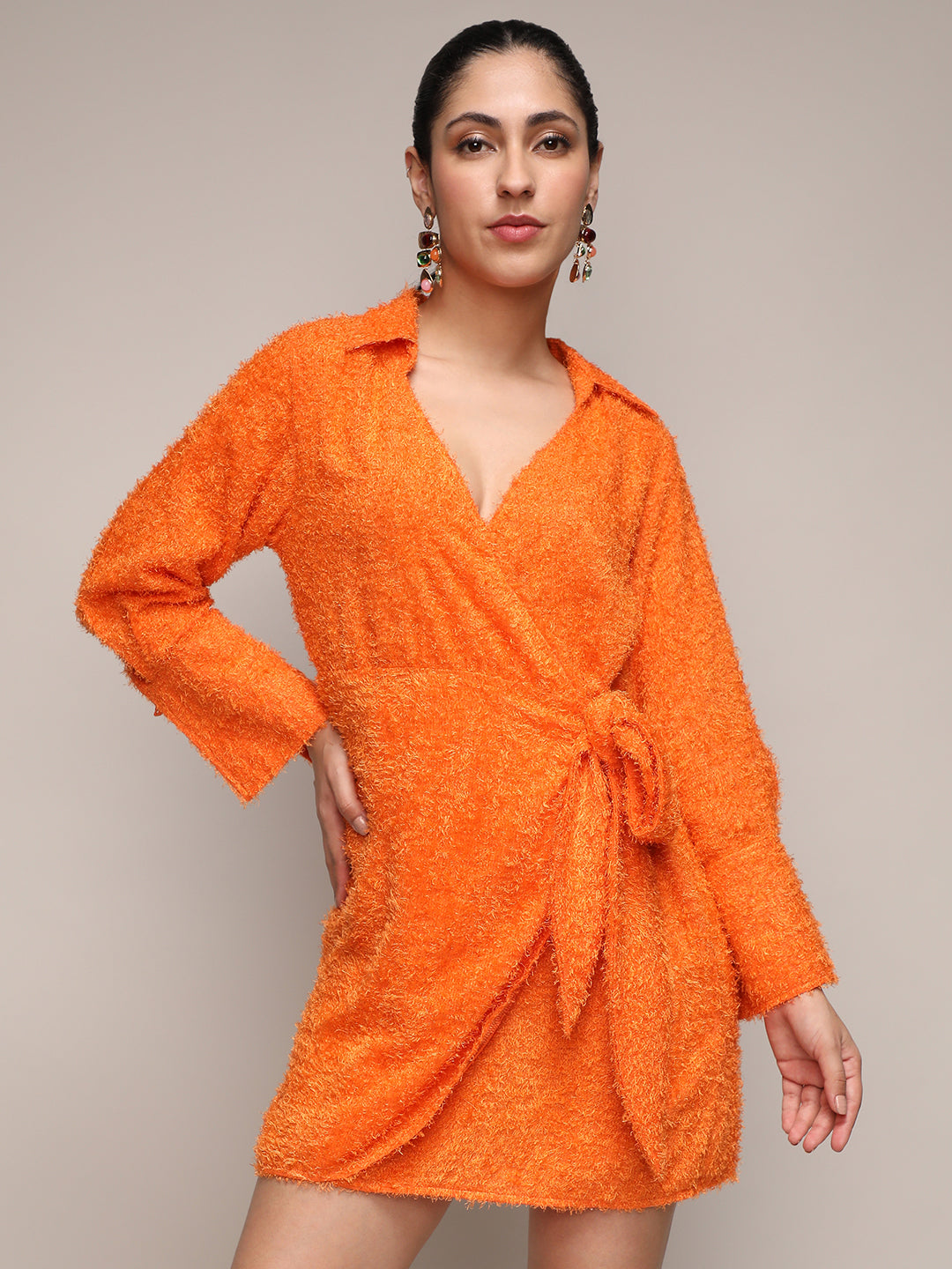 Women Orange Sherpa Wrap Dress