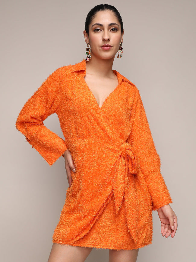 Women Orange Sherpa Wrap Dress