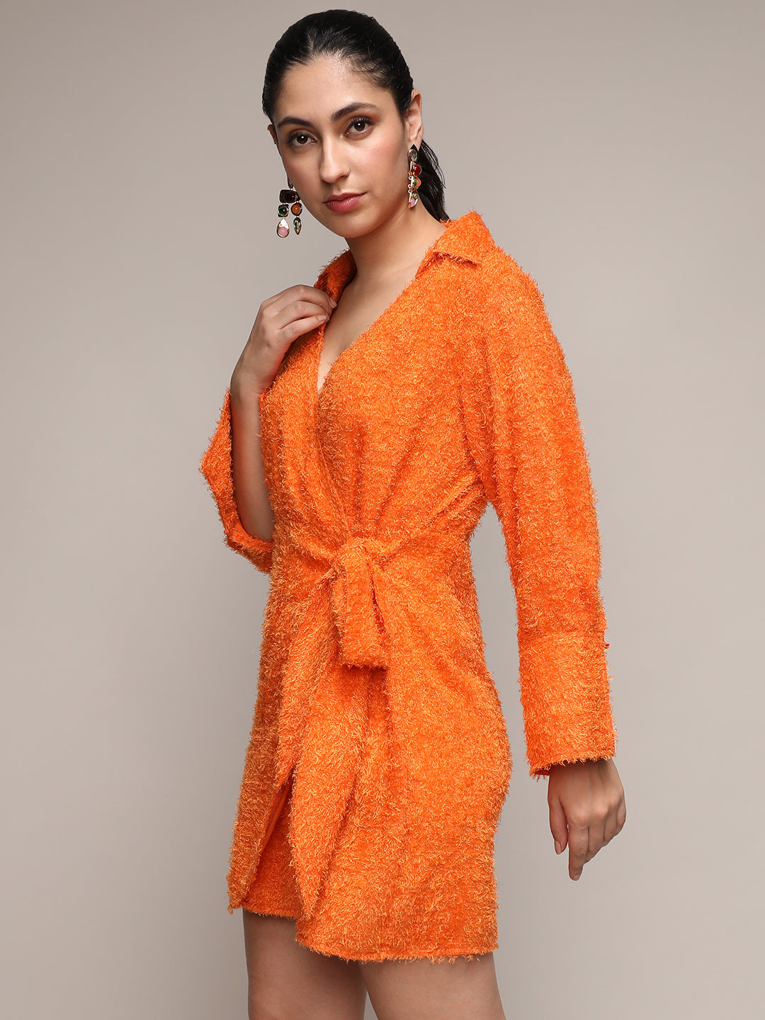 Women Orange Sherpa Wrap Dress