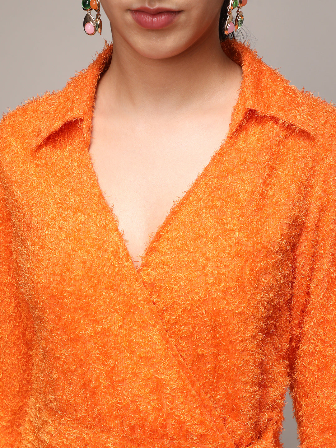Women Orange Sherpa Wrap Dress