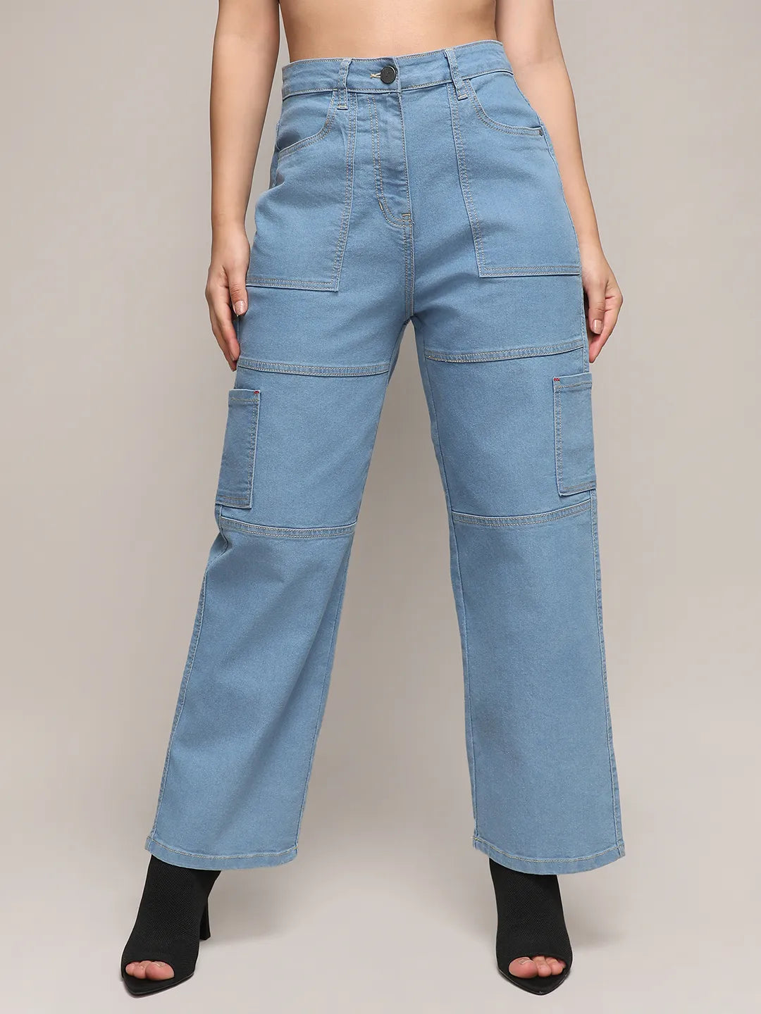 Women Blue Straight Fit Cargo Denim Jeans