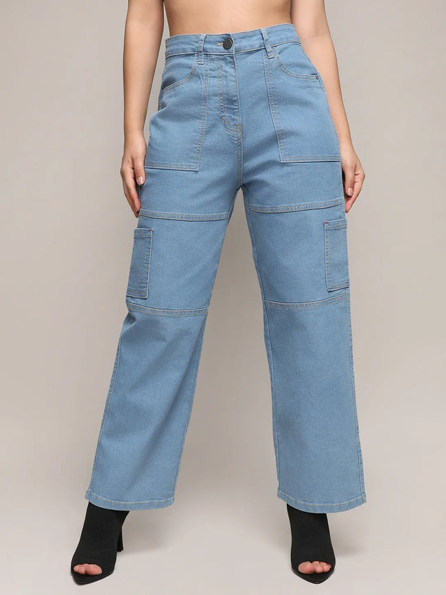 Women Blue Straight Fit Cargo Denim Jeans