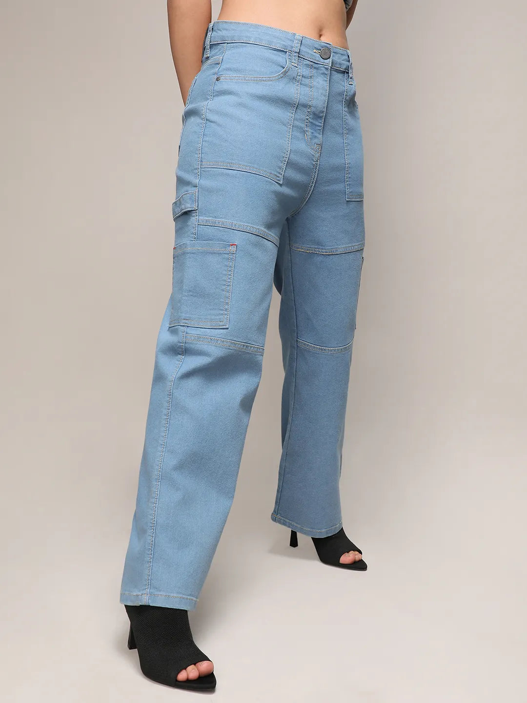 Women Blue Straight Fit Cargo Denim Jeans